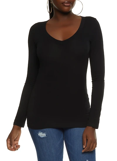 Womens Basic V Neck Long Sleeve Top,