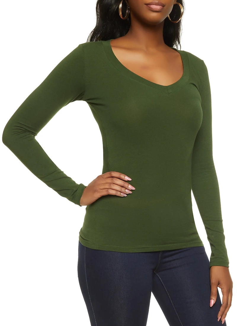 Womens Basic V Neck Long Sleeve Top, Green, Size L