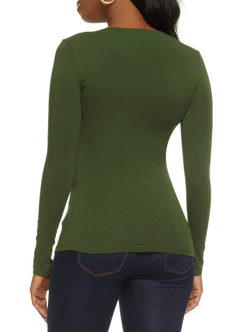 Womens Basic V Neck Long Sleeve Top, Green, Size L
