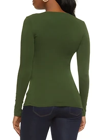 Womens Basic V Neck Long Sleeve Top, Green, Size L