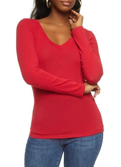 Womens Basic V Neck Long Sleeve Top,