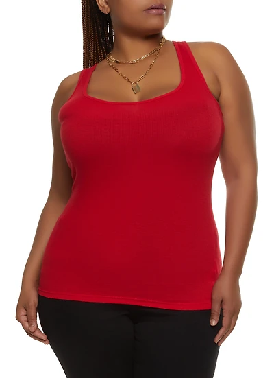 Womens Plus Size Ribbed Knit Racerback Tank Top, Red, Size 1X