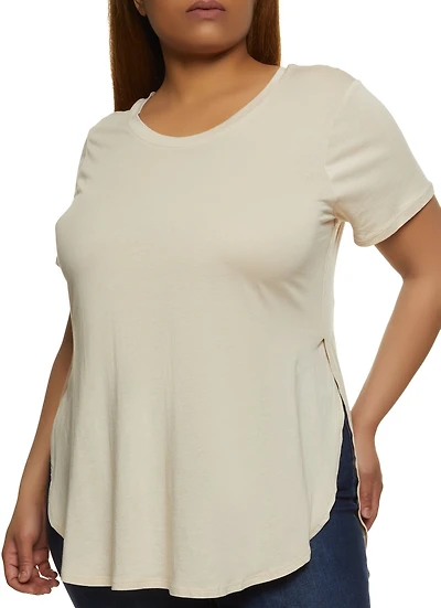 Womens Plus Size Basic Split Hem Tee, Beige, Size 1X