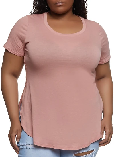 Womens Plus Size Basic Split Hem Tee, Pink, Size 1X