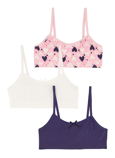 Womens Girls 3 Pack Heart Print Cami Bras, Multi, Size M