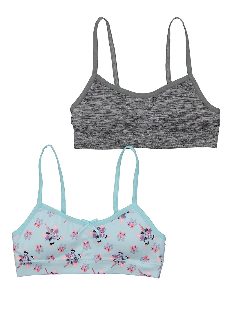 Womens Girls 2 Pack Floral Print Cami Bras, Multi, Size S