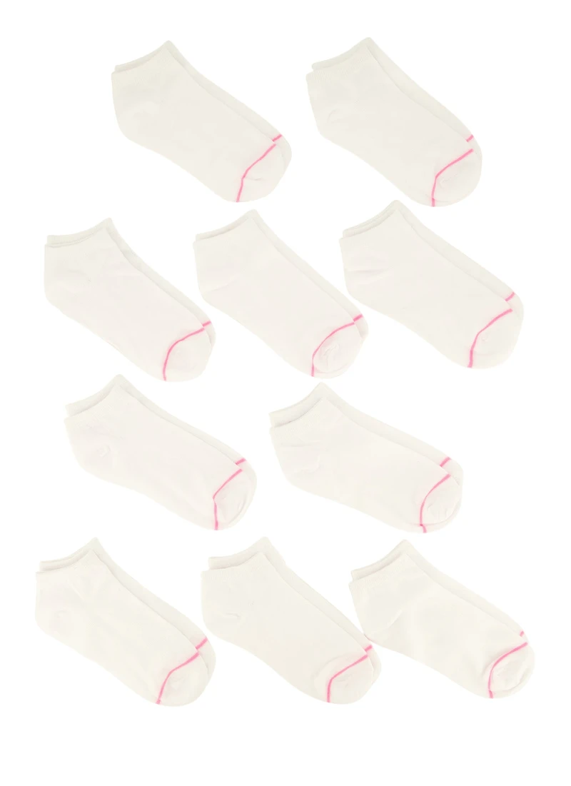 Girls 10 Pack Contrast Trim Assorted Ankle Socks, White
