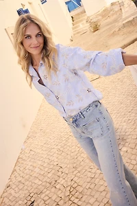 Chemisier rayé boutonné aux fleurs brodées - Tramontana