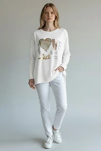 Tunic with studded, shiny lettering, sequins, and rhinestones