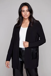 Cardigan uni avec poche en cuirette