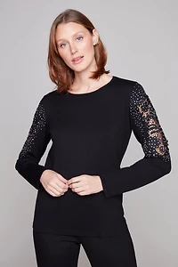 Top with embroidered sleeves and rhinestones - Carré Noir