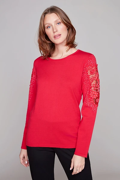Top with embroidered sleeves and rhinestones - Carré Noir