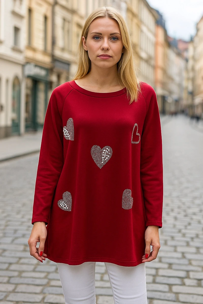 Tunic with rhinestone/pearl heart appliqués