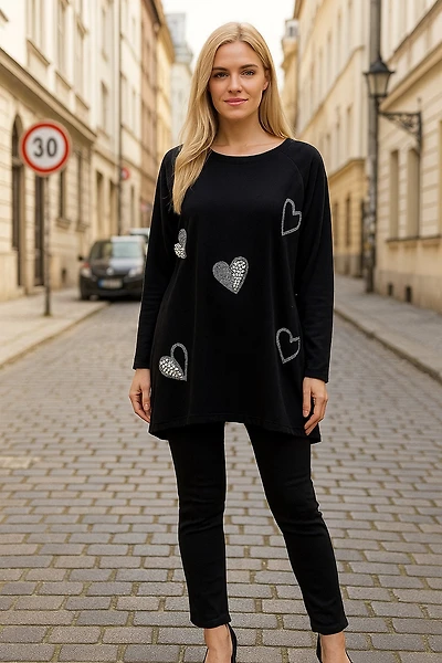 Tunic with rhinestone/pearl heart appliqués