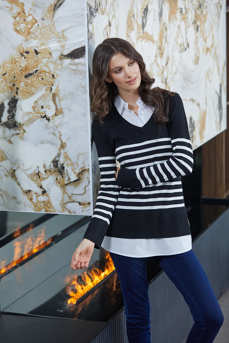 Striped Top with integrated white shirt