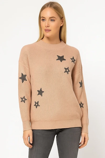 Chenille knit sweater with star appliqués