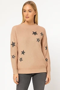 Chenille knit sweater with star appliqués