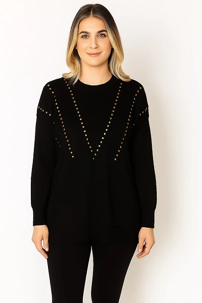 Knitted sweater with studded appliqués