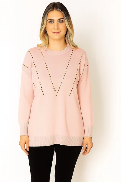 Knit sweater with studded appliqués