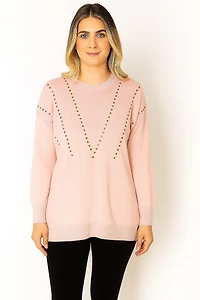 Knit sweater with studded appliqués
