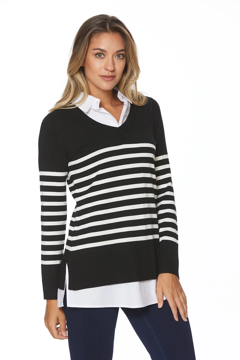 Striped Top with integrated white shirt