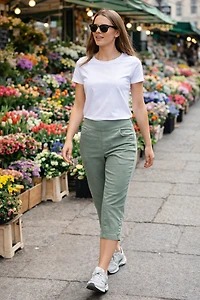 Capri pants with faux side buttons
