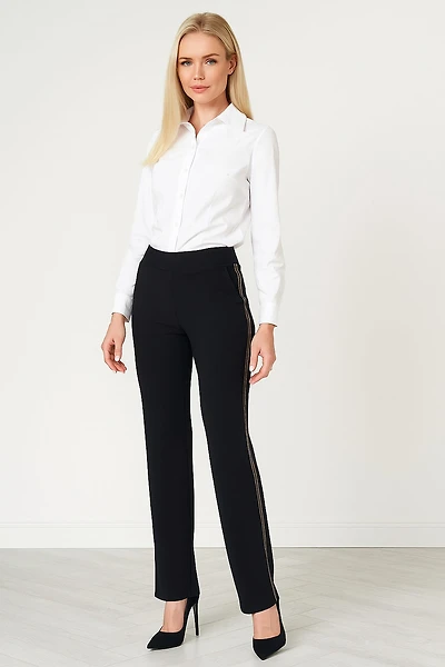 Straight-leg pants with silver/black rhinestone band