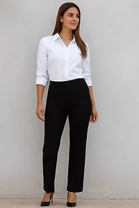 Straight-leg pants with black rhinestone band