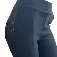Straight-leg pants with black rhinestone band