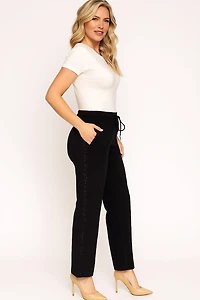 Straight-leg pants with adjustable waistband and black rhinestone band
