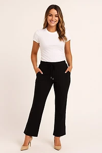 Straight-leg pants with adjustable waistband and black rhinestone band