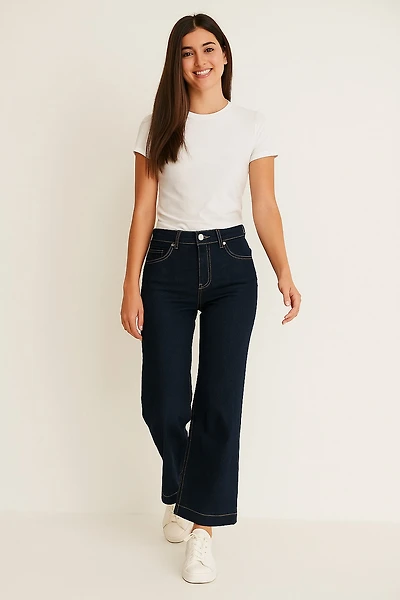Wide-leg denim pants with rhinestone belt