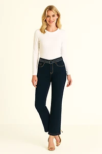 Wide-leg denim pants with rhinestone belt
