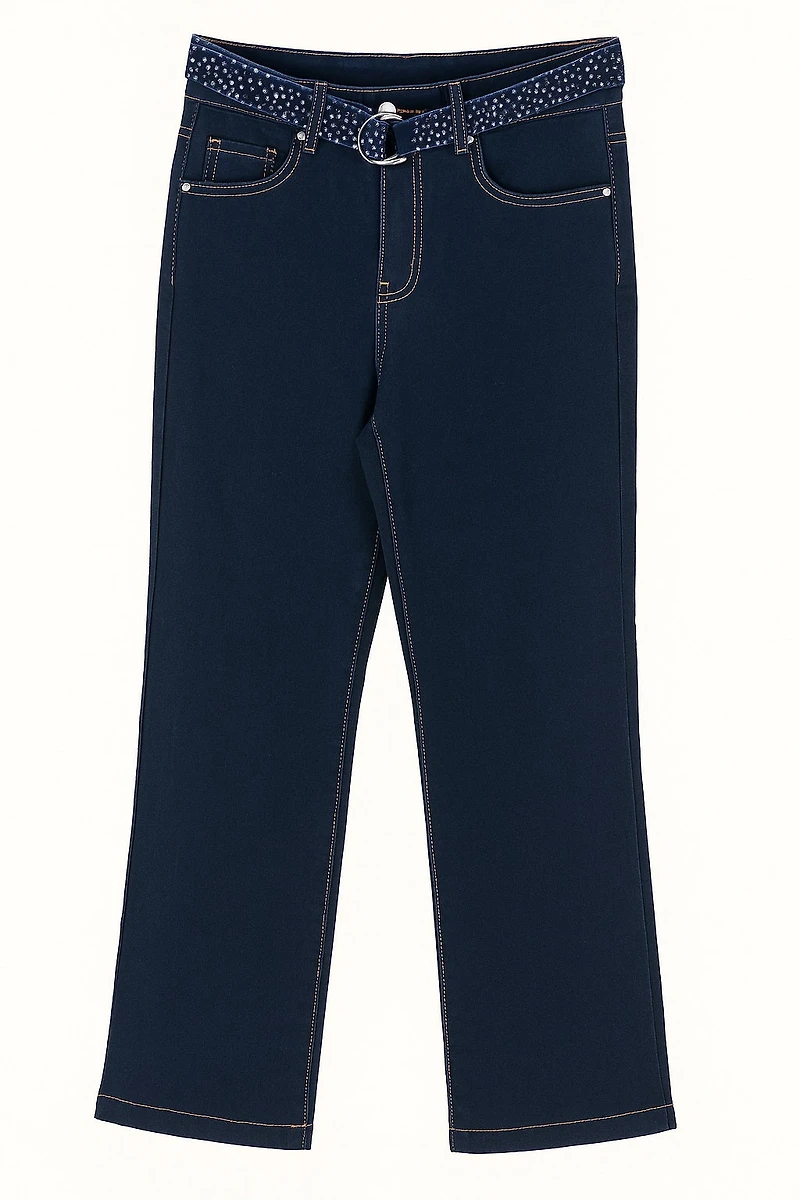 Pantalon jean à jambes larges avec ceinture strass