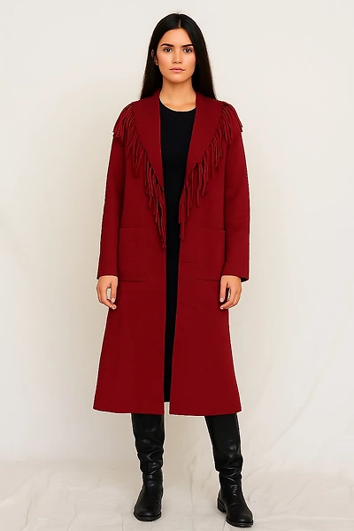 Veste 3/4 tricot franges col