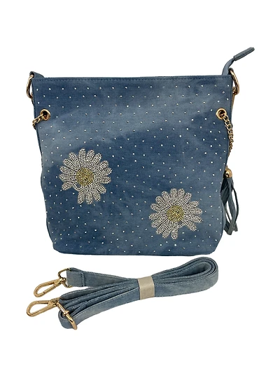 Sacs à main denim clouté avec marguerites/franges