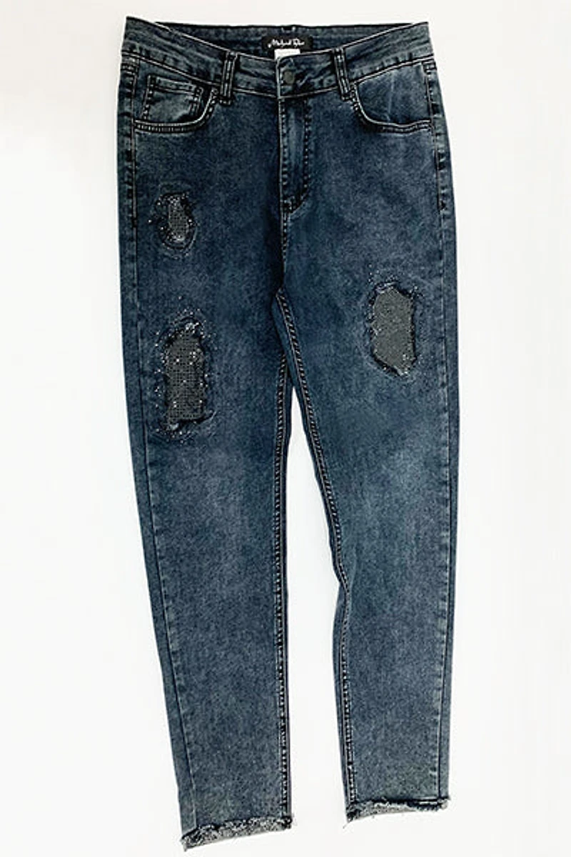Washed denim pants with rhinestones - Michael Tyler