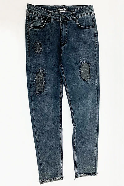 Washed denim pants with rhinestones - Michael Tyler