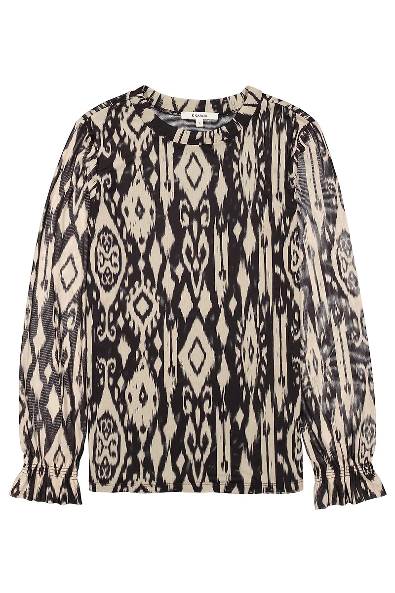 Printed mesh Top with frills on sleeves