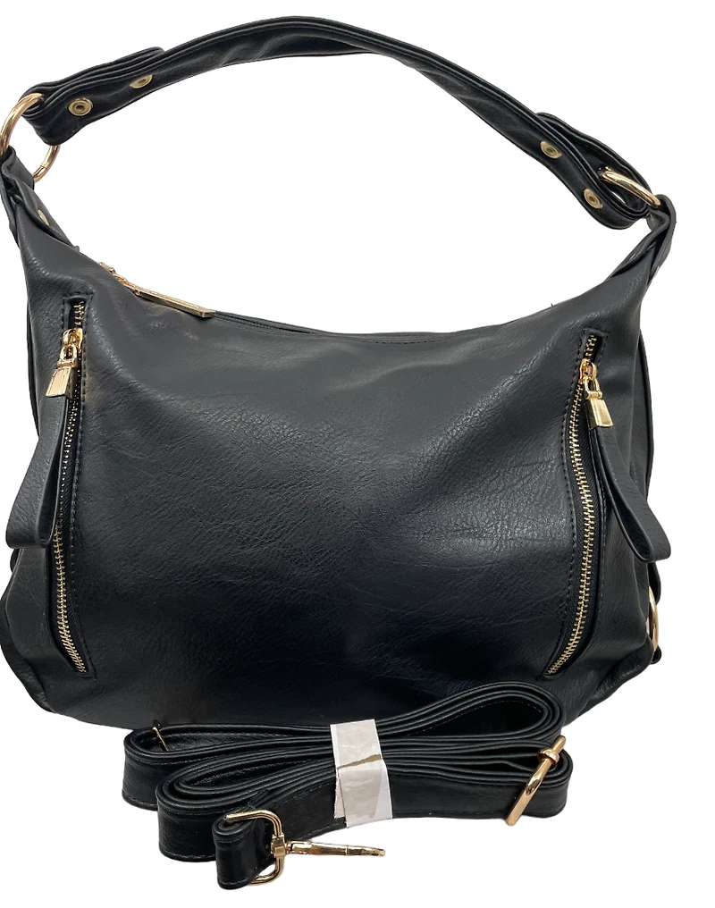Handbag with decorative side strips, rings and studs