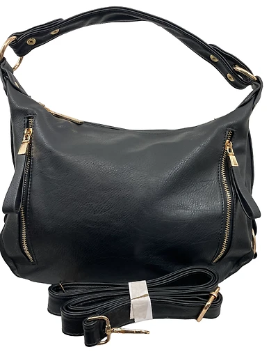 Handbag with decorative side strips, rings and studs