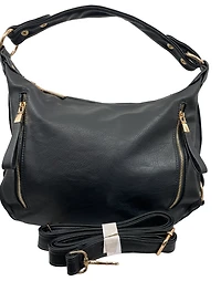 Handbag with decorative side strips, rings and studs