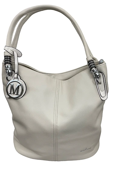 Handbag adorned with silver rings and fringed logo