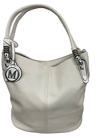 Handbag adorned with silver rings and fringed logo