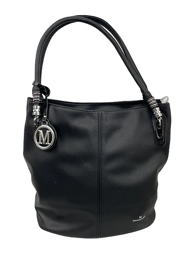 Handbag adorned with silver rings and a fringed logo