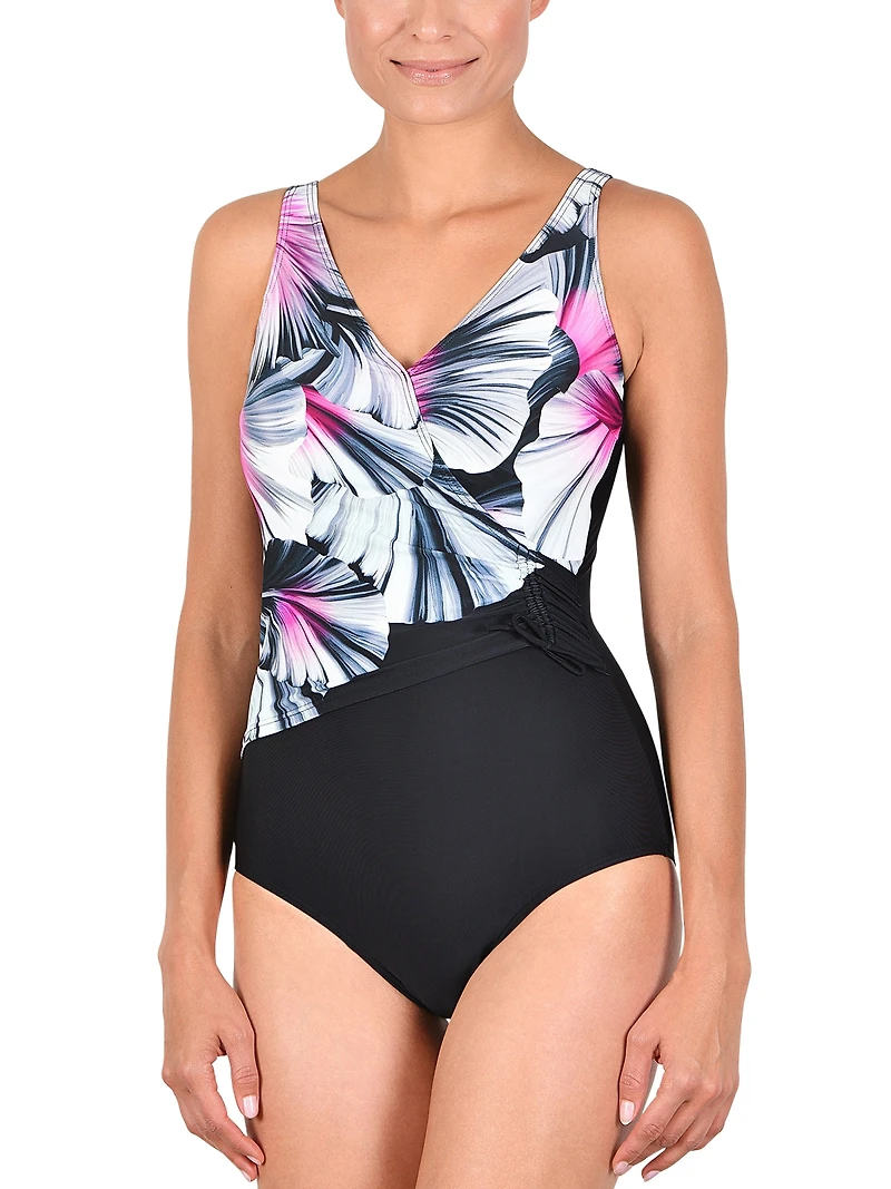 Swimsuit 1 pce fauxkini crossed exotic flowers
