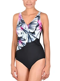 Swimsuit 1 pce fauxkini crossed exotic flowers