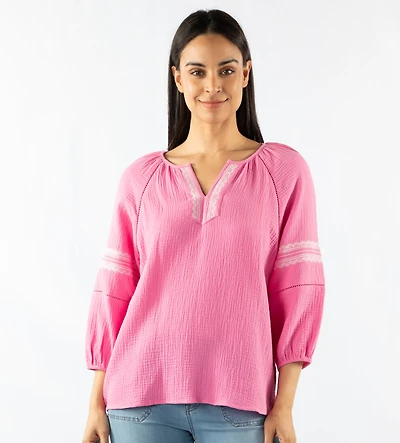 3/4 SLEEVE GAUZE EMBROIDED BLOUSE
