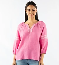 3/4 SLEEVE GAUZE EMBROIDED BLOUSE