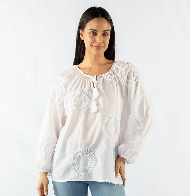 TASSEL TIE EMBROIDED BLOUSE